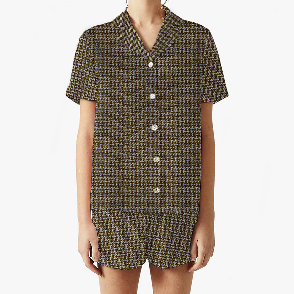 ScotsTee Shop Scottish Shepherd Brown & White Women's Short Sleeve Short Set Tartan Pyjama Set