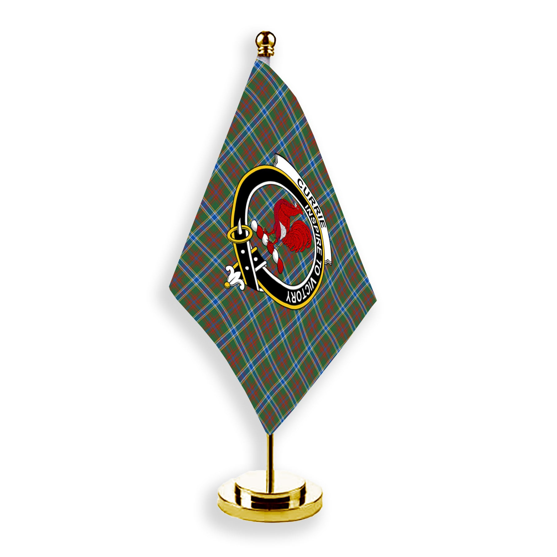 ScotsTee Shop Scottish Currie of Arran Modern Clan Crest Tartan Desk Flag Plaid Table Flag