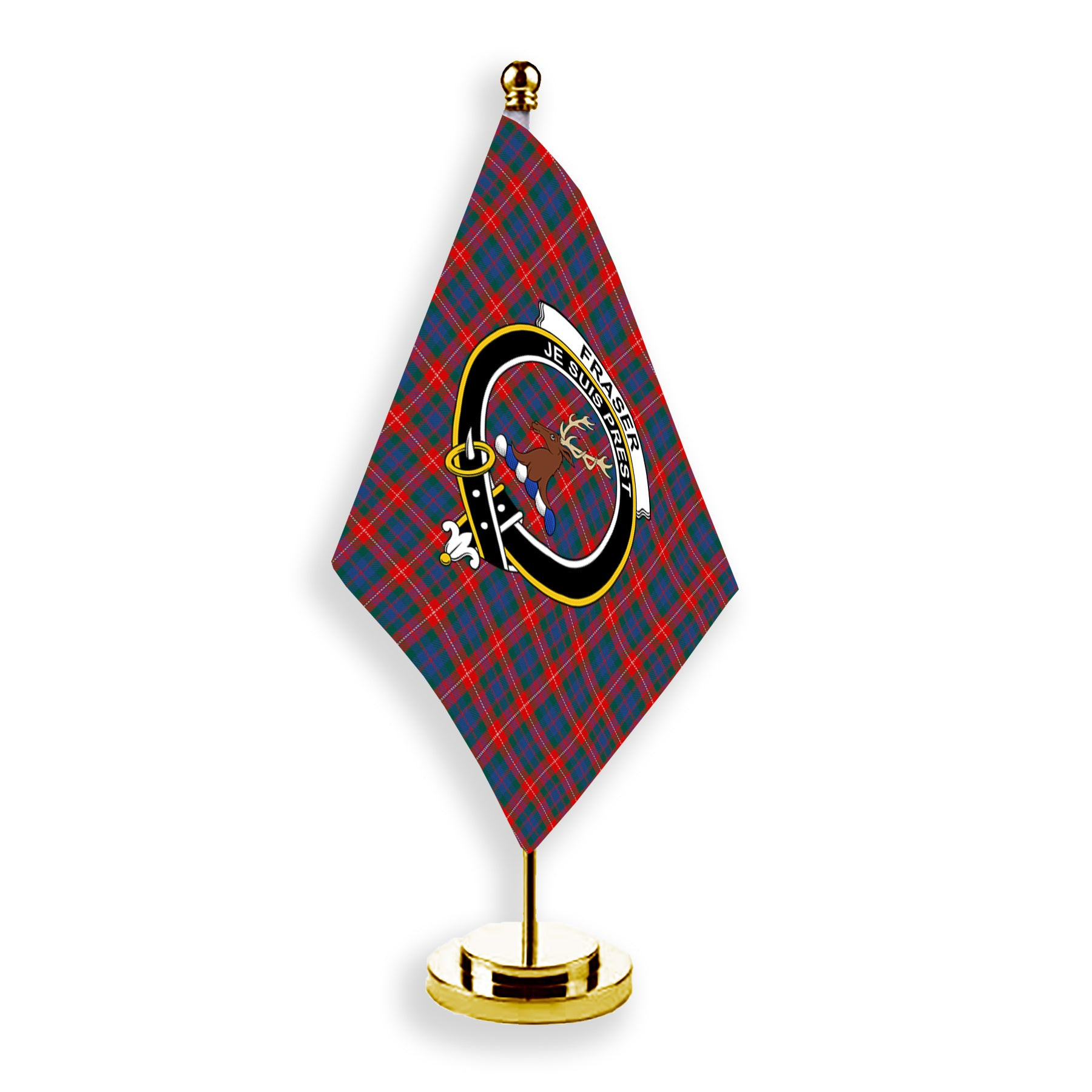ScotsTee Shop Scottish Fraser of Lovat Modern Crest Tartan Desk Flag Plaid Table Flag