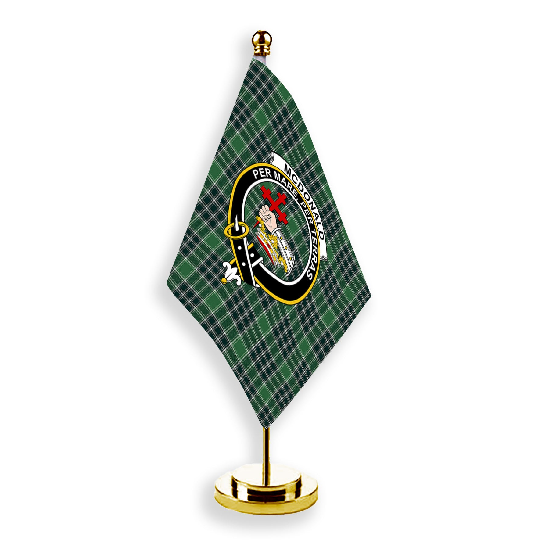ScotsTee Shop Scottish McDonald Lord of the Isles Hunting Modern Crest Tartan Desk Flag Plaid Table Flag