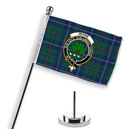 ScotsTee Shop Scottish Irvine of Bonshaw Tower Modern Crest Tartan Desk Flag Plaid Table Flag