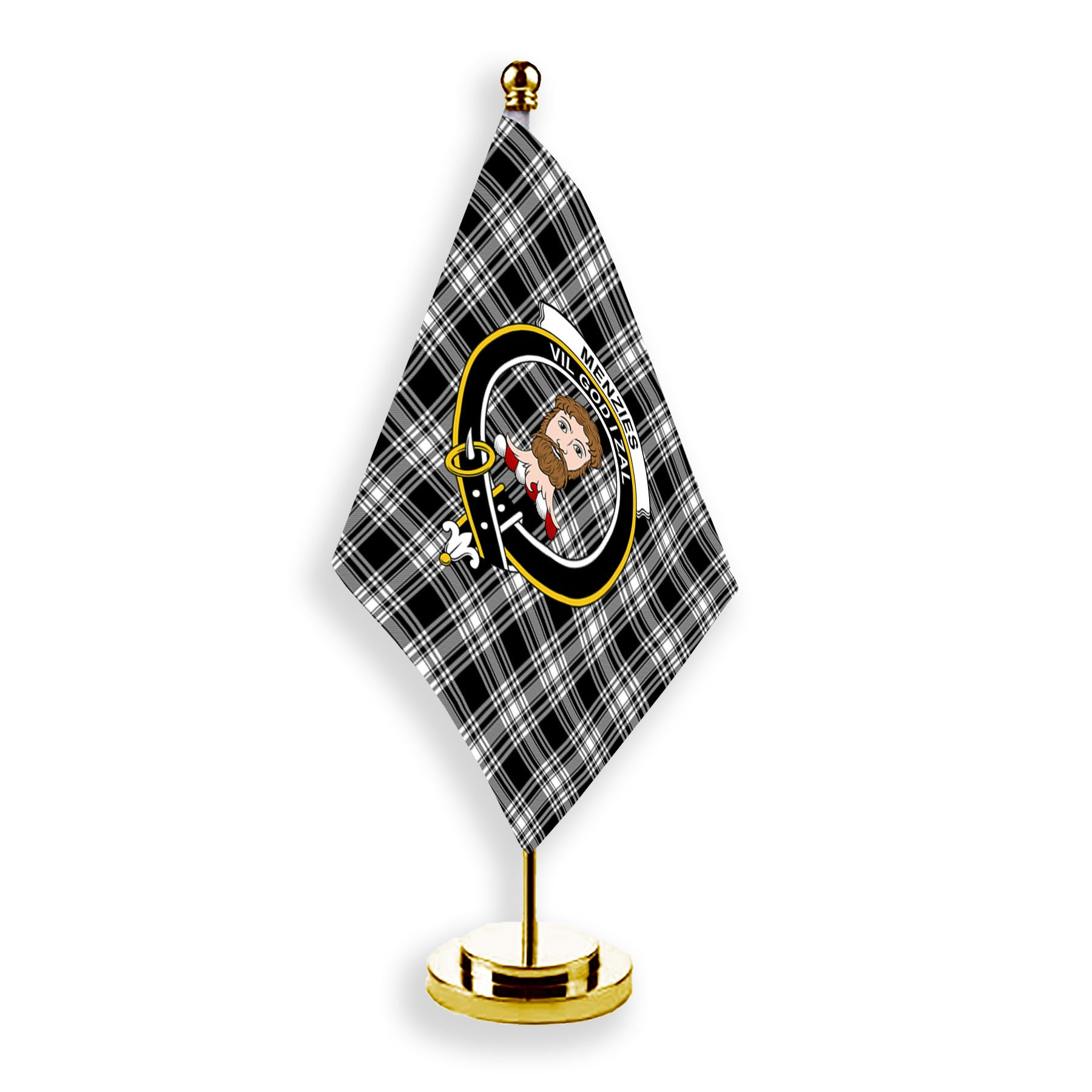 ScotsTee Shop Scottish Menzies Black & White Modern Crest Tartan Desk Flag Plaid Table Flag