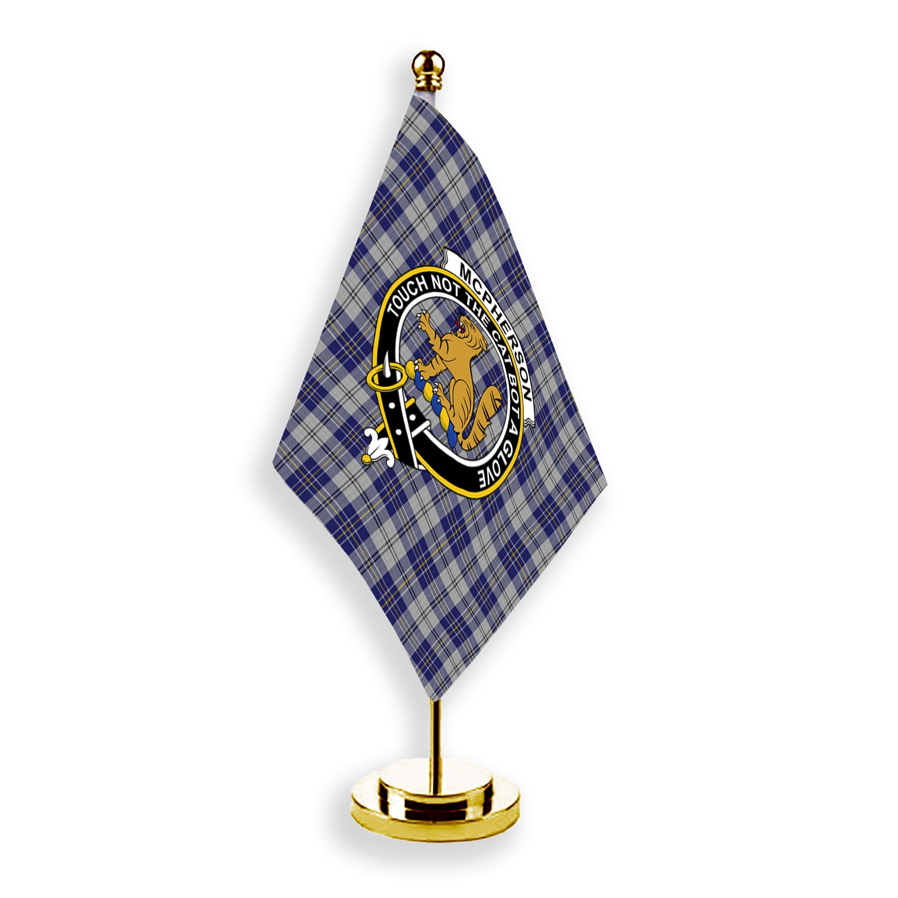 ScotsTee Shop Scottish McPherson Dress Blue Crest Tartan Desk Flag Plaid Table Flag