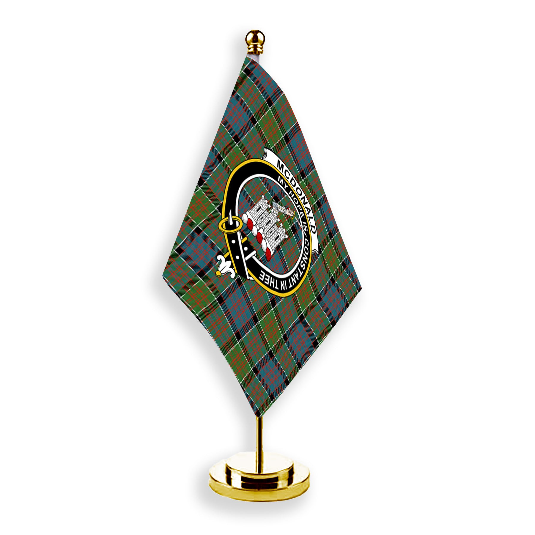 ScotsTee Shop Scottish McDonald of Clan Ranald Ancient Crest Tartan Desk Flag Plaid Table Flag