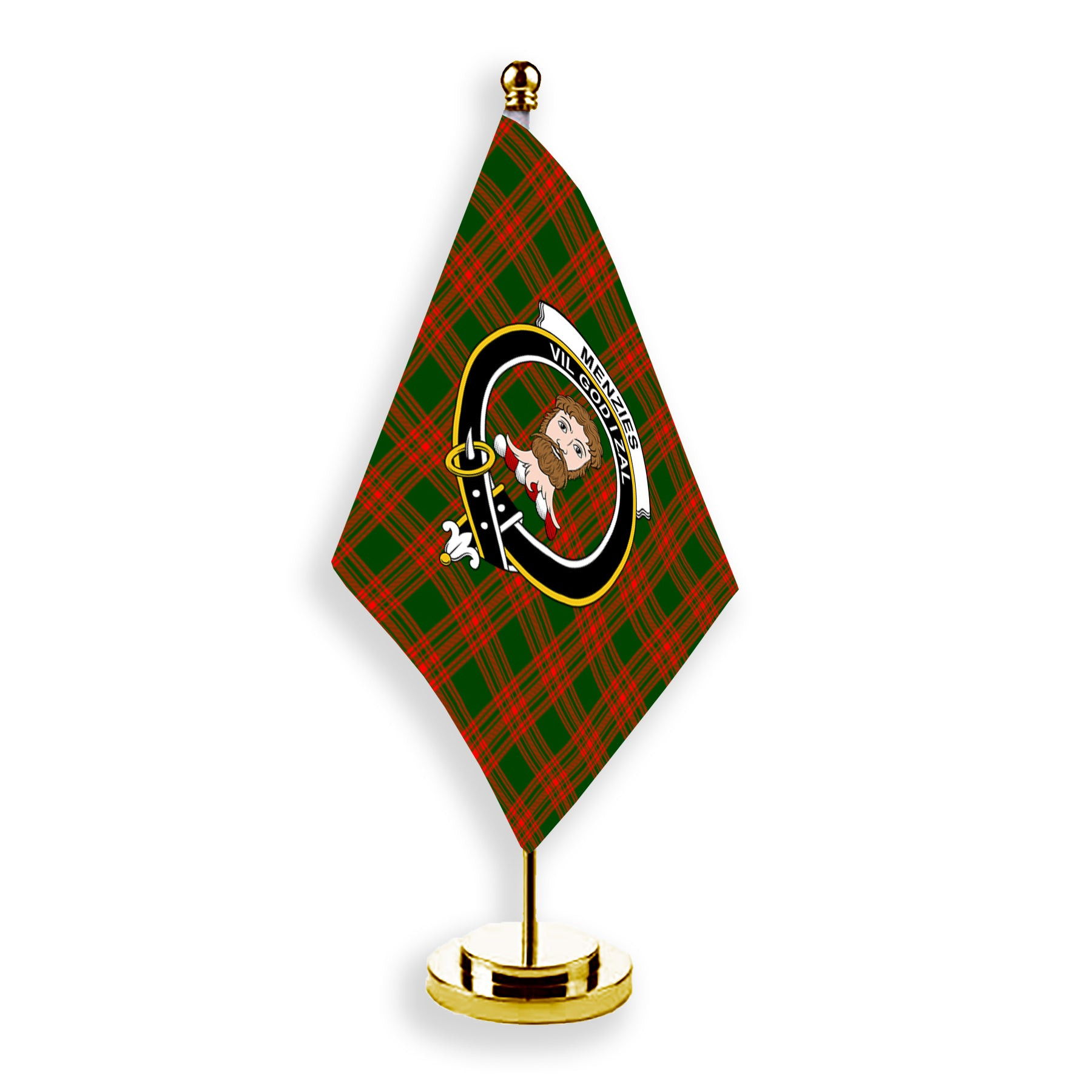 ScotsTee Shop Scottish Menzies Green Modern Crest Tartan Desk Flag Plaid Table Flag