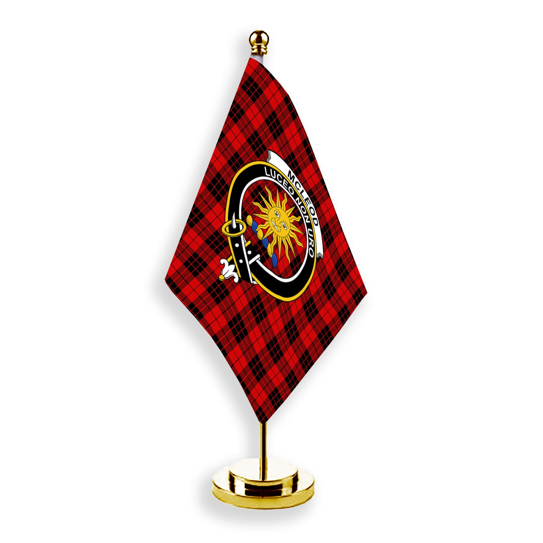 ScotsTee Shop Scottish McLeod of Raasay Modern Crest Tartan Desk Flag Plaid Table Flag