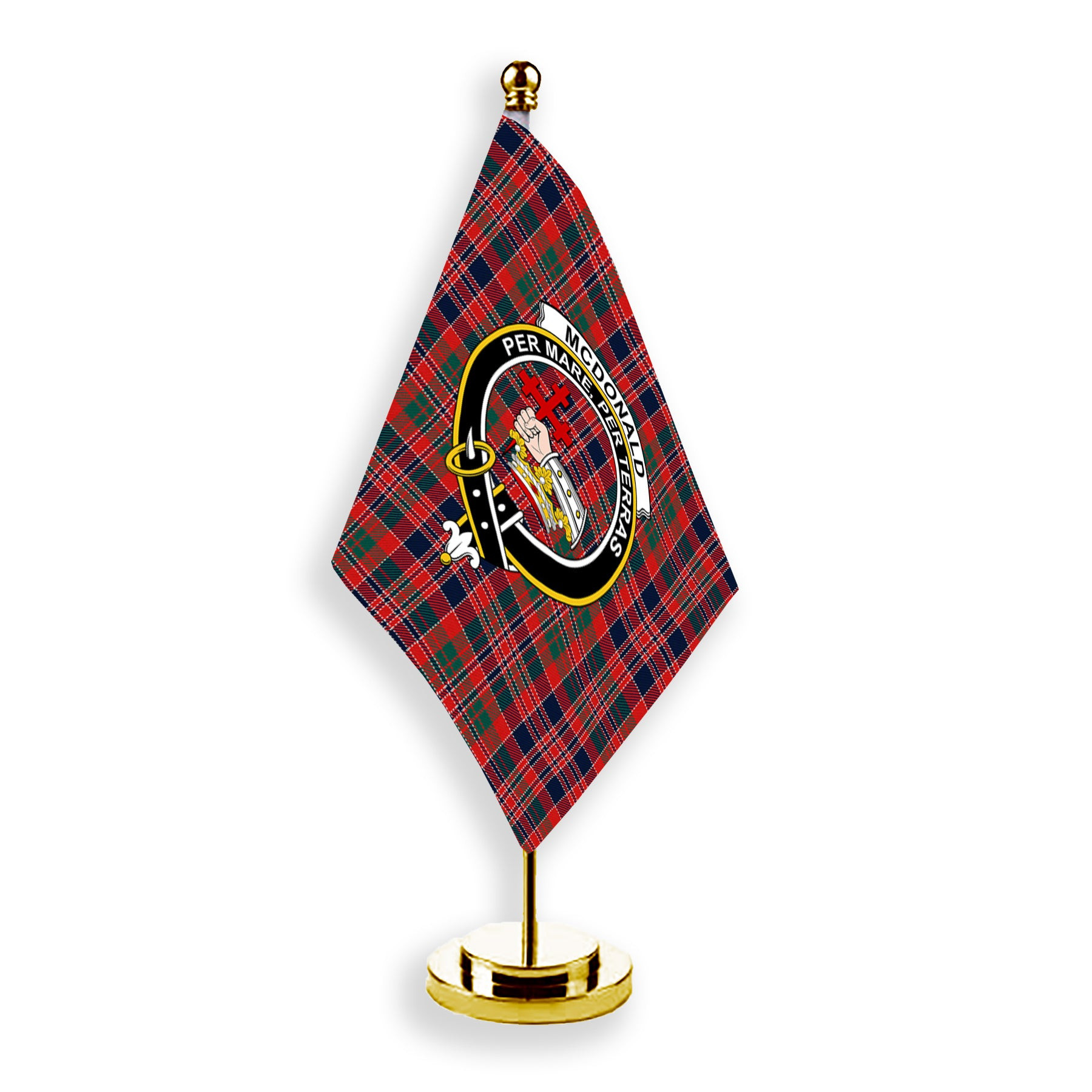 ScotsTee Shop Scottish McDonald of Boisdale Modern Crest Tartan Desk Flag Plaid Table Flag