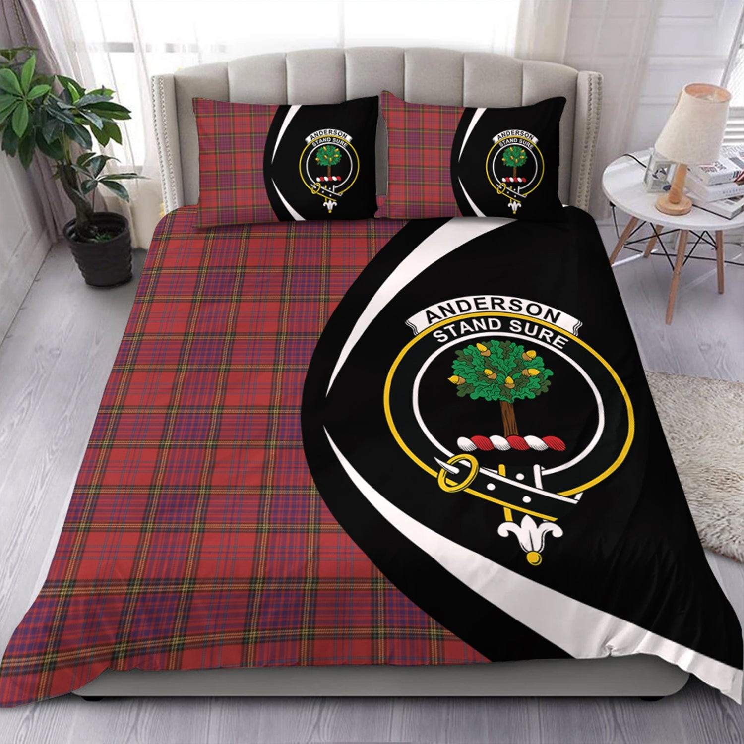 ScotsTee Shop Scottish Anderson of Kinneddar Red Weathered Clan Badge Tartan Bedding Set Circle Style
