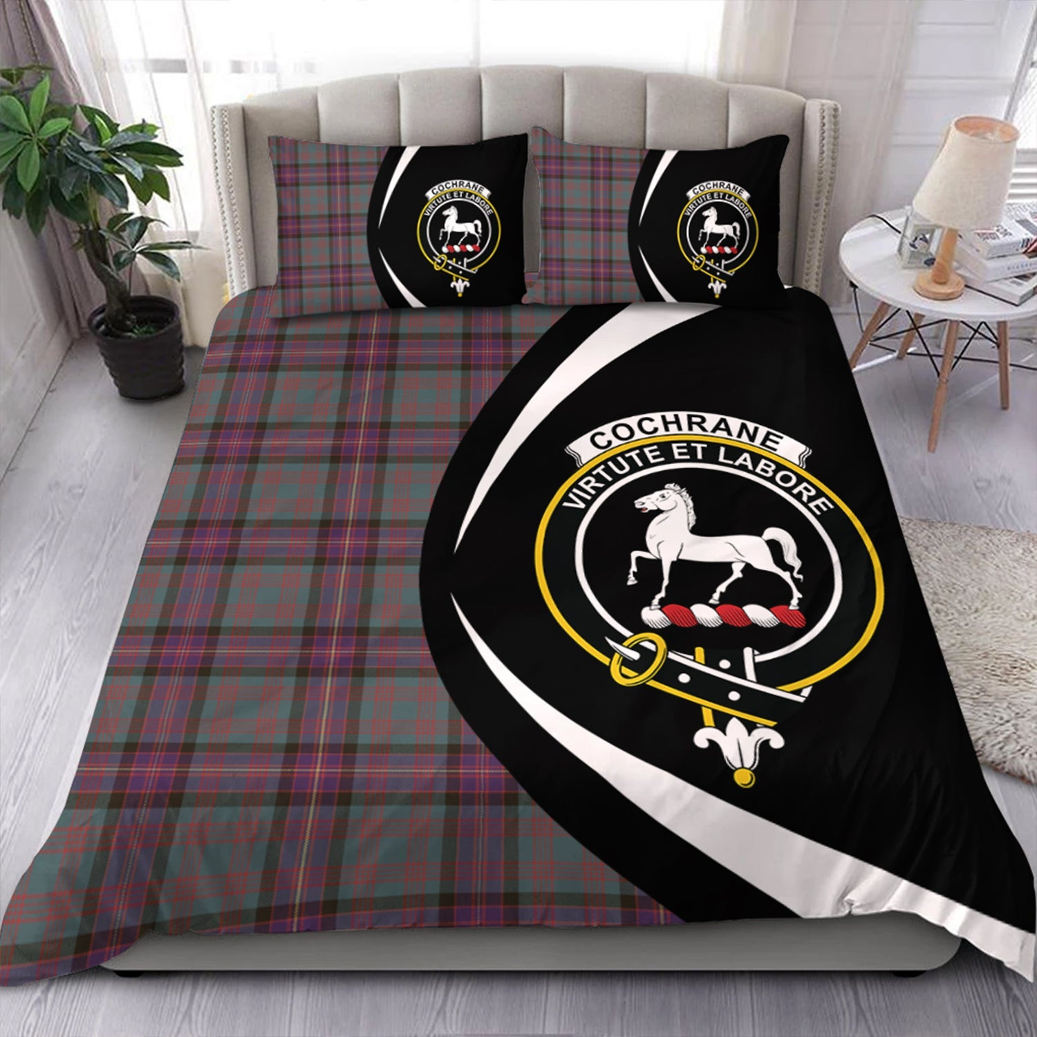ScotsTee Shop Scottish Cochrane (Cochran) Weathered Clan Badge Tartan Bedding Set Circle Style