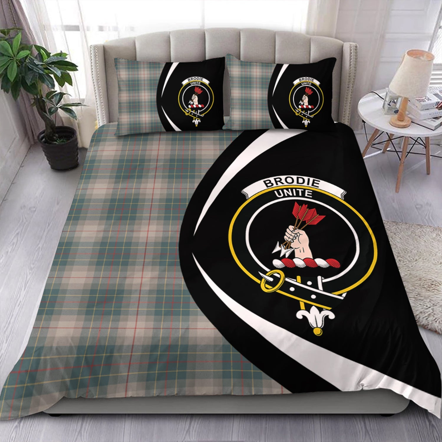 ScotsTee Shop Scottish Brodie Silver (Brodie Muted) Weathered Clan Badge Tartan Bedding Set Circle Style