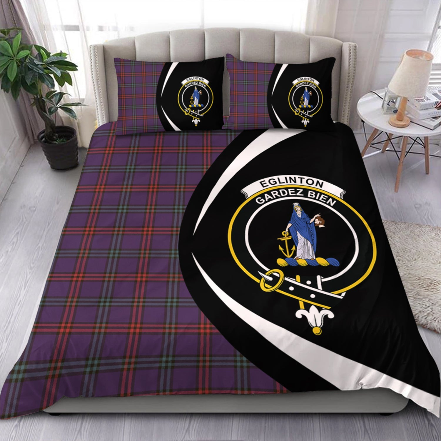 ScotsTee Shop Scottish Eglinton District (Montgomery of Ayrshire) Weathered Clan Badge Tartan Bedding Set Circle Style