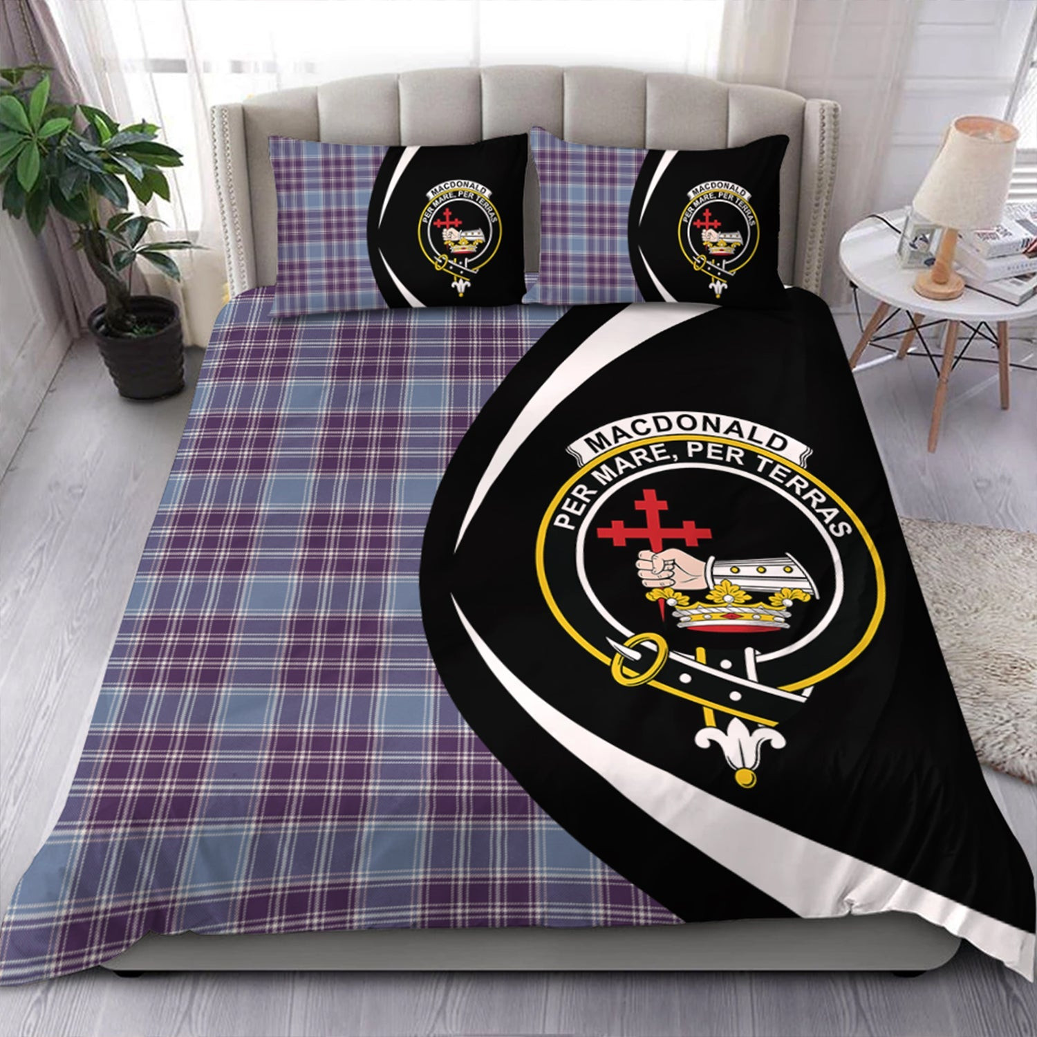 ScotsTee Shop Scottish MacDonald Lord of the Isles Hunting Blue (Donald Lord of the Isles Hunting Blue) Weathered Clan Badge Tartan Bedding Set Circle Style