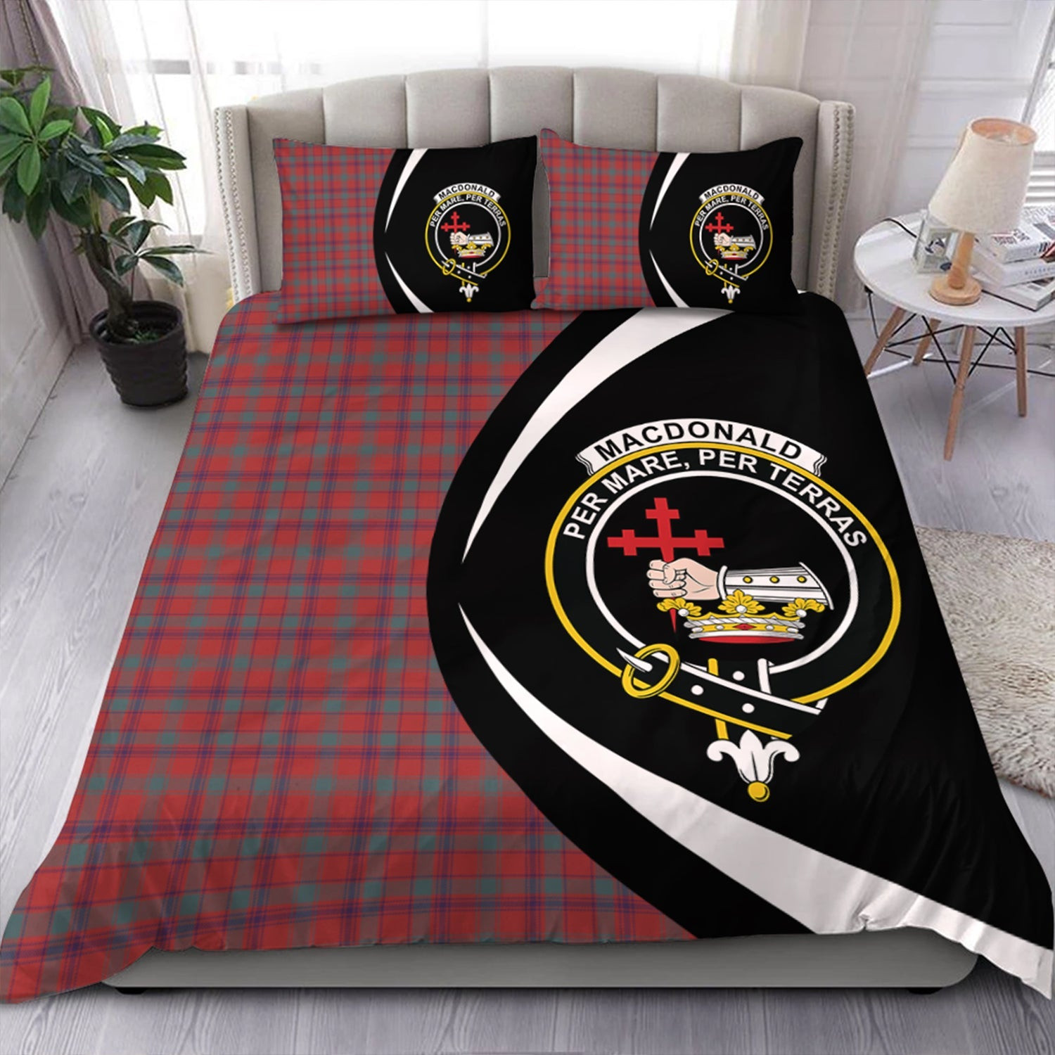 ScotsTee Shop Scottish MacDonald of Aird & Valley (Donald of Aird & Valley) Weathered Clan Badge Tartan Bedding Set Circle Style