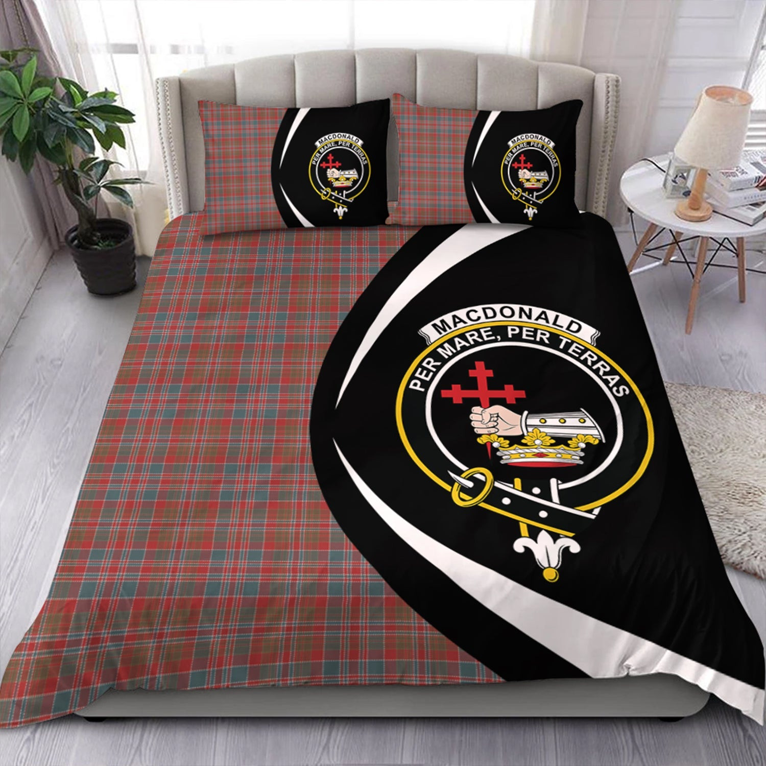 ScotsTee Shop Scottish MacDonald of Boisdale (Donald Boisdale) Weathered Clan Badge Tartan Bedding Set Circle Style