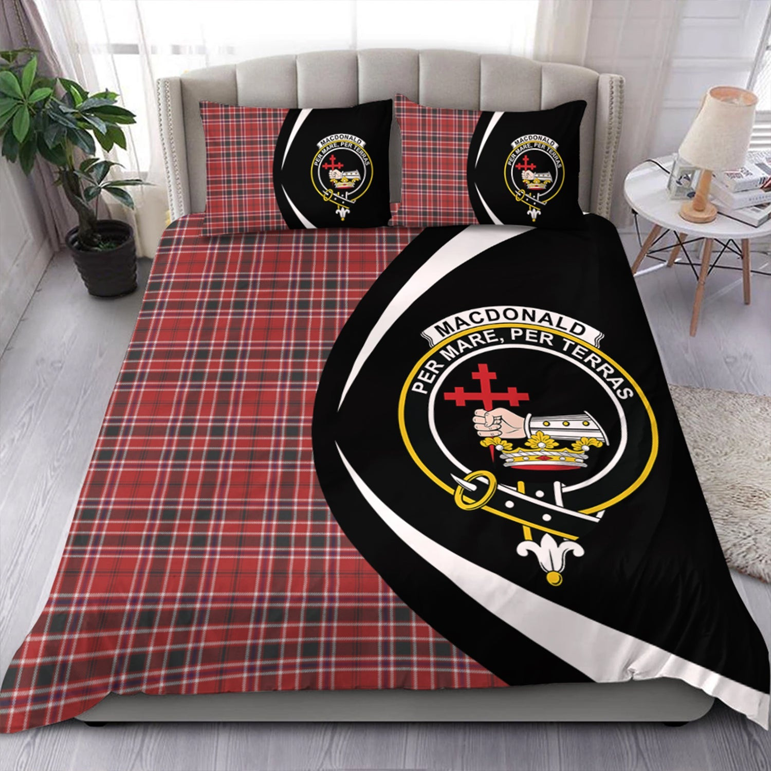 ScotsTee Shop Scottish MacDonald of Lochmaddy (Donald of Loch Mhaddy) Weathered Clan Badge Tartan Bedding Set Circle Style