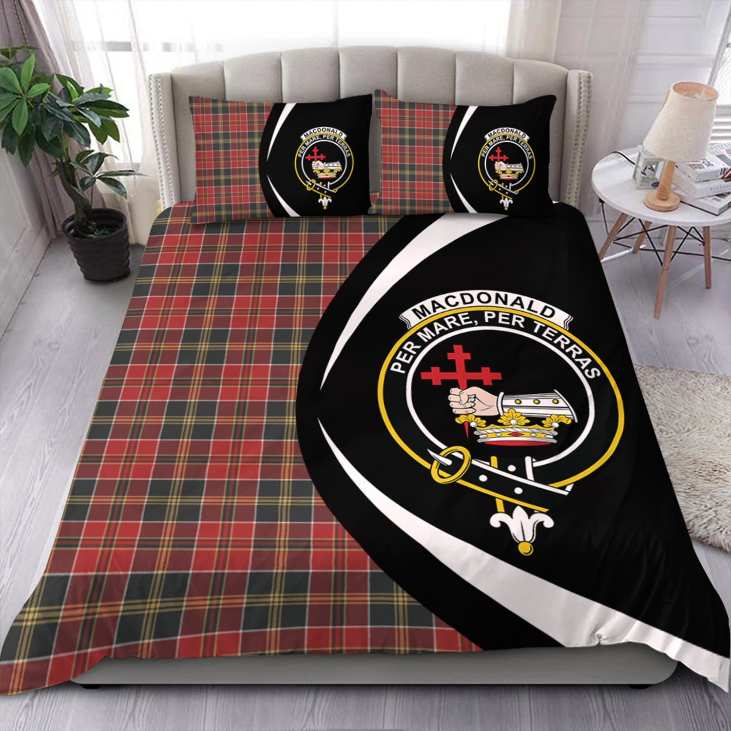 ScotsTee Shop Scottish MacDonald of Kingsburgh (Donald of Kingsburgh) Weathered Clan Badge Tartan Bedding Set Circle Style