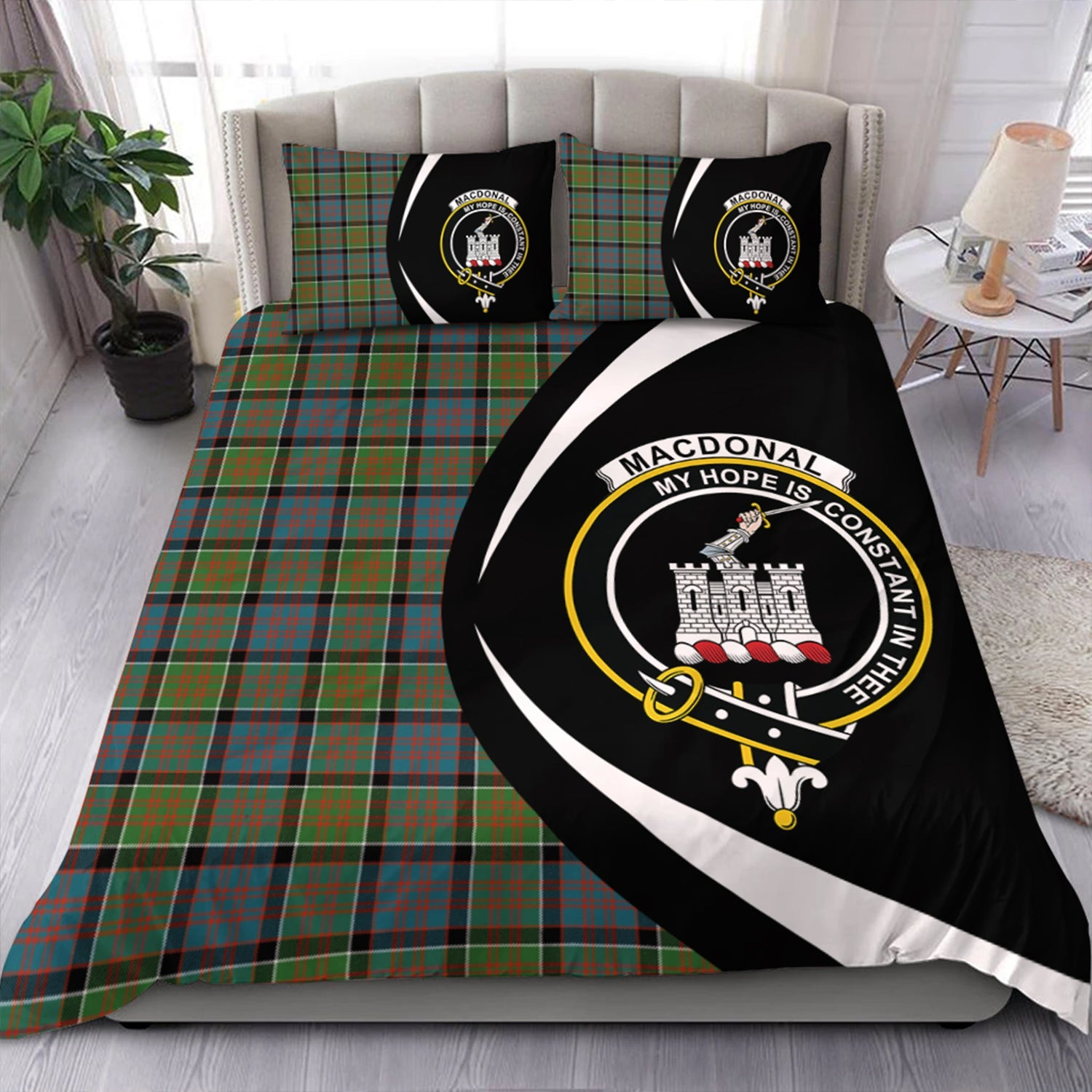 ScotsTee Shop Scottish MacDonald of Clanranald (Donald of Clanranald) Ancient Clan Badge Tartan Bedding Set Circle Style