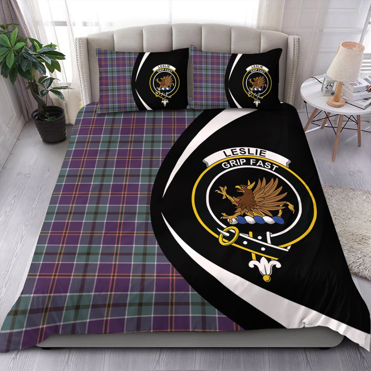 ScotsTee Shop Scottish Leslie of the Hebrides Weathered Clan Badge Tartan Bedding Set Circle Style