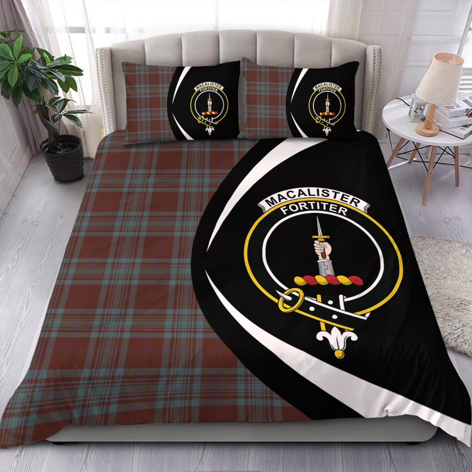 ScotsTee Shop Scottish MacAlister of Glenbarr Hunting (MacAlister of Glenbarr; Hunting) Weathered Clan Badge Tartan Bedding Set Circle Style