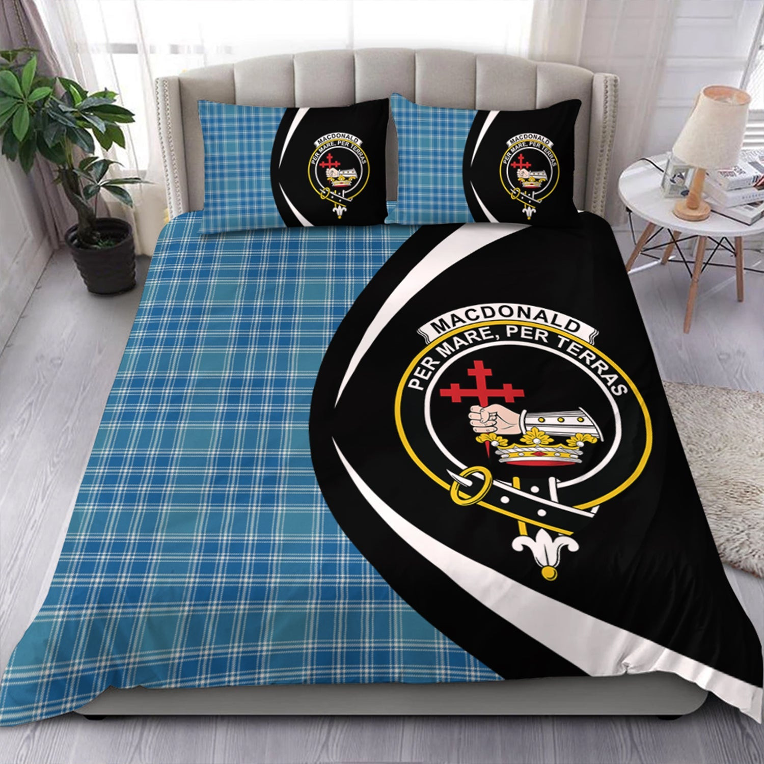 ScotsTee Shop Scottish MacDonald Lord of the Isles Hunting Blue (Donald Lord of the Isles Hunting Blue) Ancient Clan Badge Tartan Bedding Set Circle Style