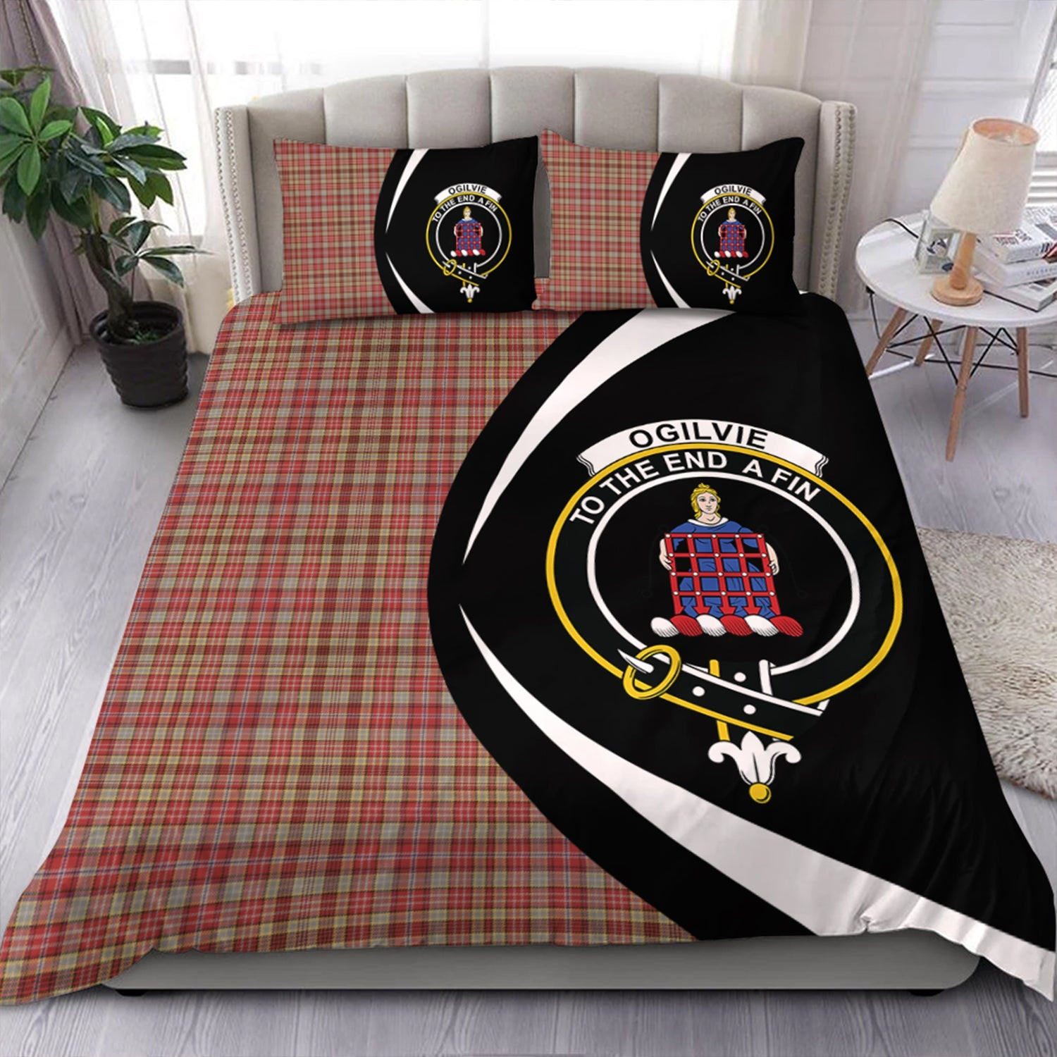 ScotsTee Shop Scottish Ogilvie of Airlie Weathered Clan Badge Tartan Bedding Set Circle Style