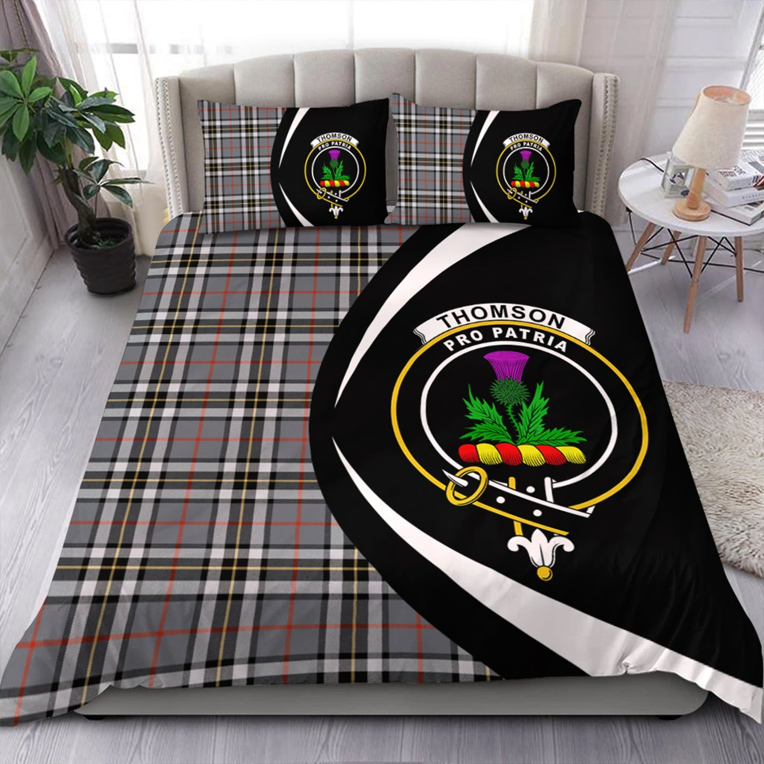 ScotsTee Shop Scottish Thomson Grey (MacThomas Thompson Grey) Modern Clan Badge Tartan Bedding Set Circle Style
