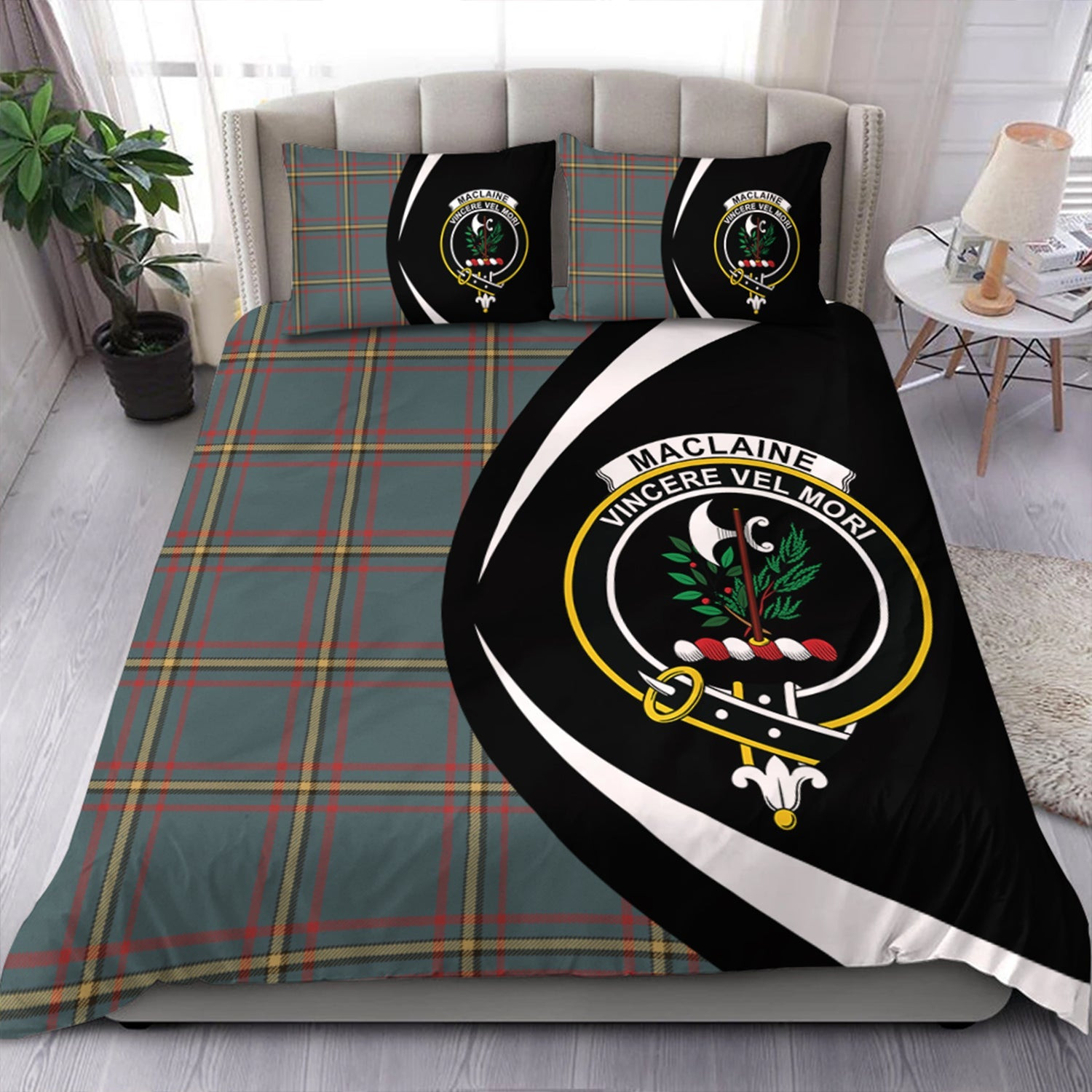 ScotsTee Shop Scottish MacLaine of LochBuie Hunting (MacLaine) Weathered Clan Badge Tartan Bedding Set Circle Style