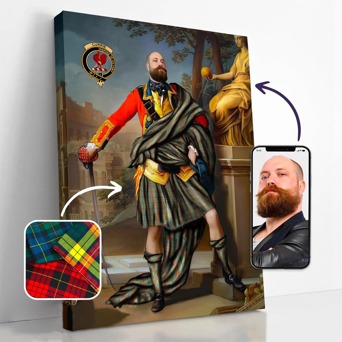 ScotsTee Shop Scottish Currie of Arran Ancient Clan Crest Personalized Tartan Turn Me Scottish Royal Portrait Framed Canvas Print