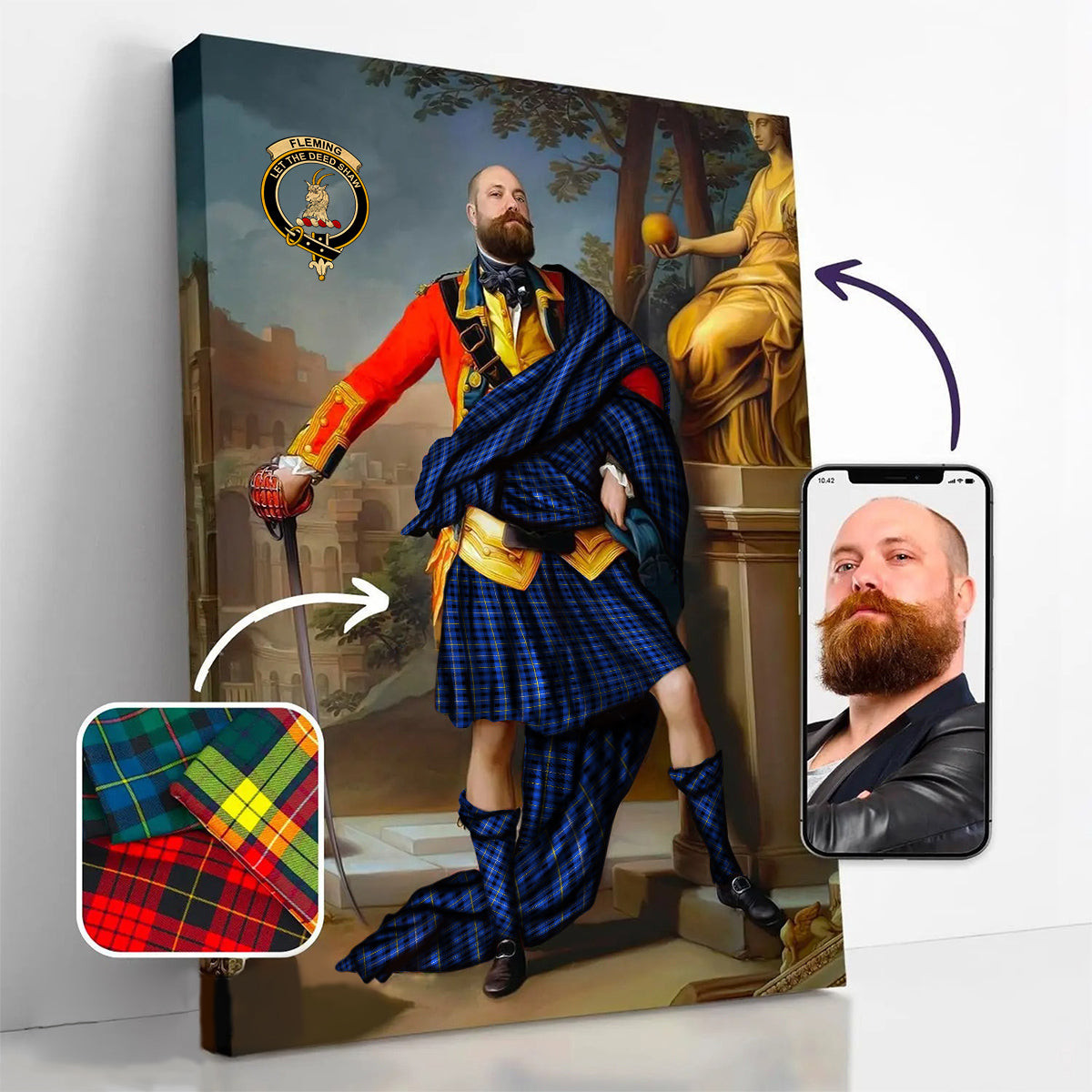 ScotsTee Shop Scottish Fleming Modern Crest Personalized Tartan Turn Me Scottish Royal Portrait Framed Canvas Print