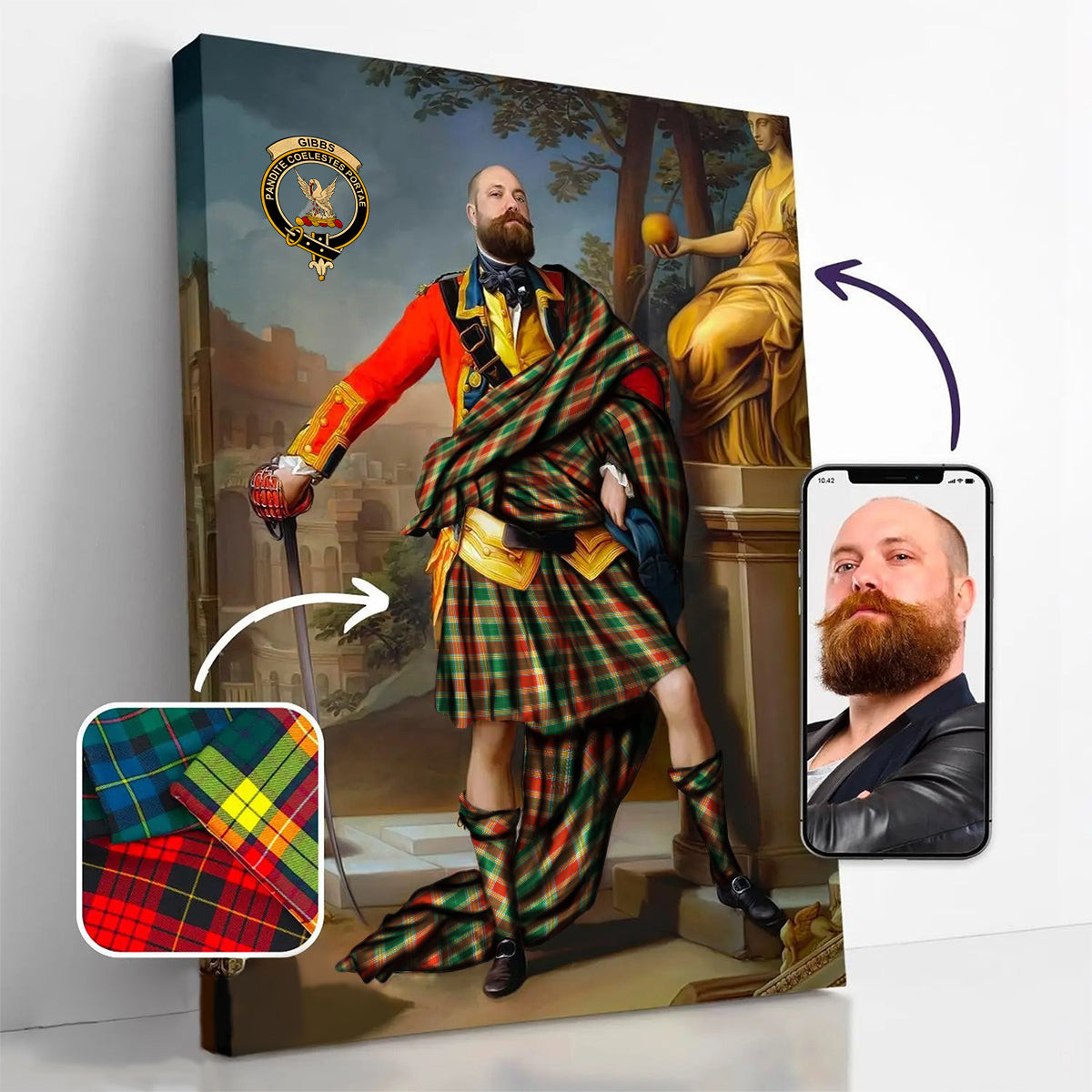 ScotsTee Shop Scottish Gibbs Ancient Crest Personalized Tartan Turn Me Scottish Royal Portrait Framed Canvas Print