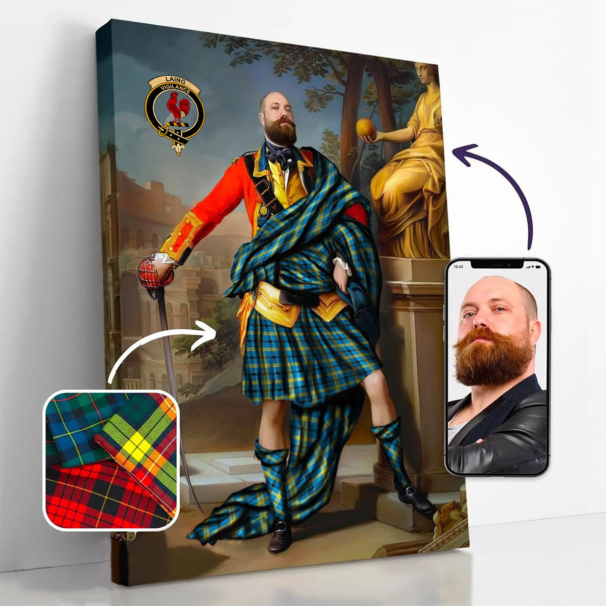 ScotsTee Shop Scottish Laing Modern Crest Personalized Tartan Turn Me Scottish Royal Portrait Framed Canvas Print