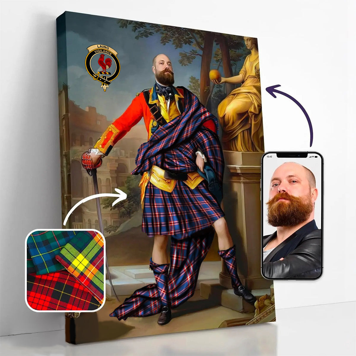 ScotsTee Shop Scottish Laing of Archiestown Modern Crest Personalized Tartan Turn Me Scottish Royal Portrait Framed Canvas Print