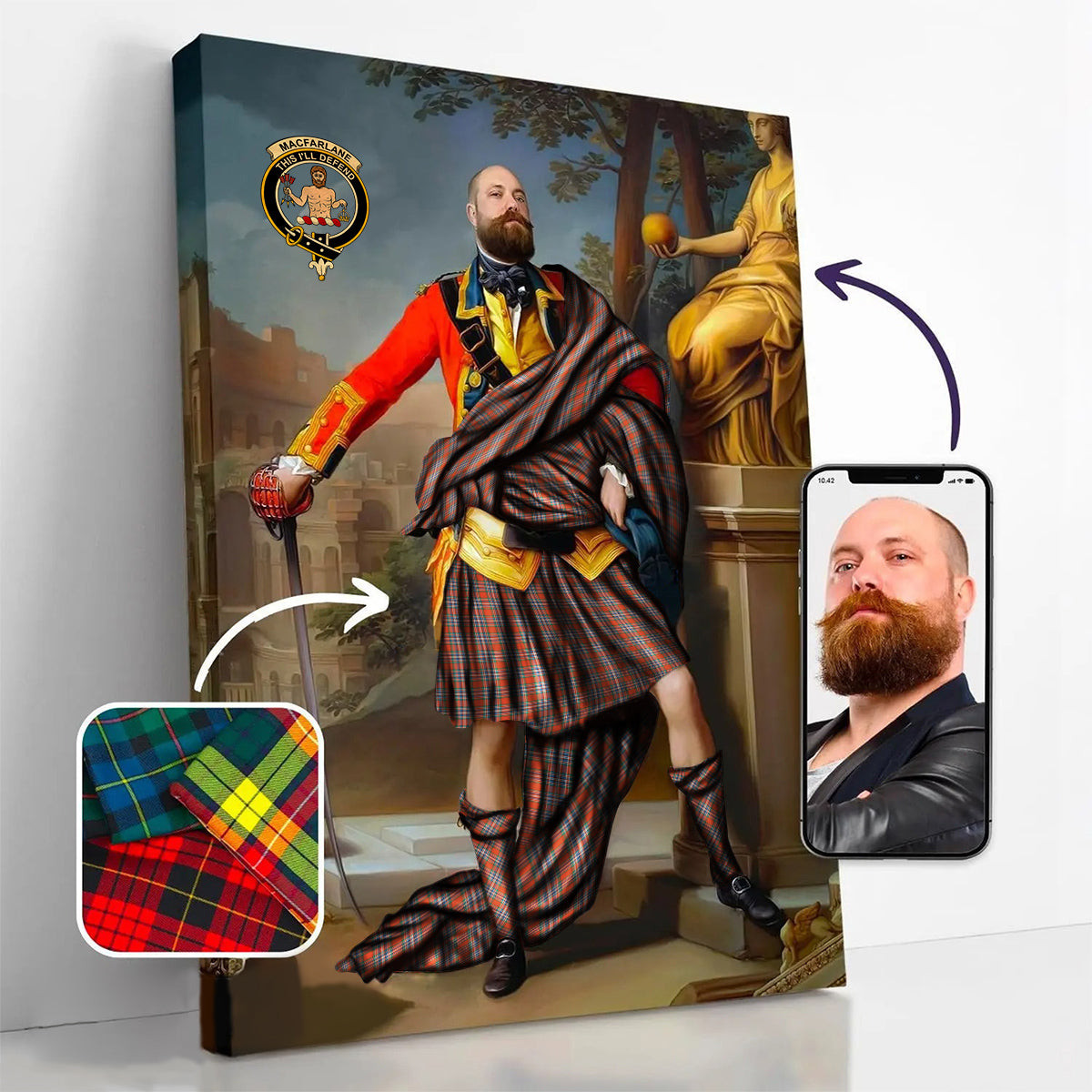 ScotsTee Shop Scottish MacFarlane Ancient Crest Personalized Tartan Turn Me Scottish Royal Portrait Framed Canvas Print