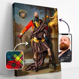 ScotsTee Shop Scottish MacFarlane Ancient Crest Personalized Tartan Turn Me Scottish Royal Portrait Framed Canvas Print