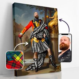ScotsTee Shop Scottish MacFarlane Black White Ancient Crest Personalized Tartan Turn Me Scottish Royal Portrait Framed Canvas Print