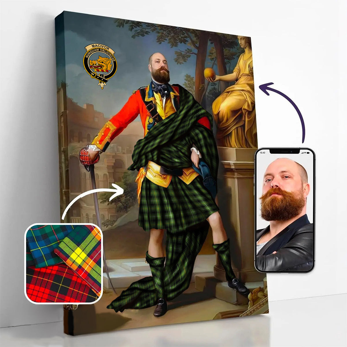 ScotsTee Shop Scottish MacIvor Hunting Crest Personalized Tartan Turn Me Scottish Royal Portrait Framed Canvas Print