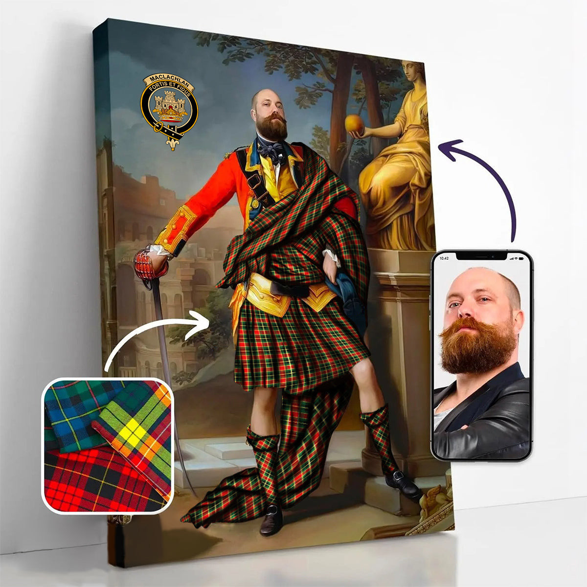 ScotsTee Shop Scottish MacLachlan Hunting Modern Crest Personalized Tartan Turn Me Scottish Royal Portrait Framed Canvas Print