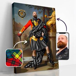 ScotsTee Shop Scottish MacPhee Black and White Crest Personalized Tartan Turn Me Scottish Royal Portrait Framed Canvas Print