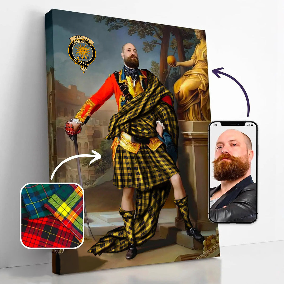 ScotsTee Shop Scottish MacLeod of Lewis Ancient SC Crest Personalized Tartan Turn Me Scottish Royal Portrait Framed Canvas Print