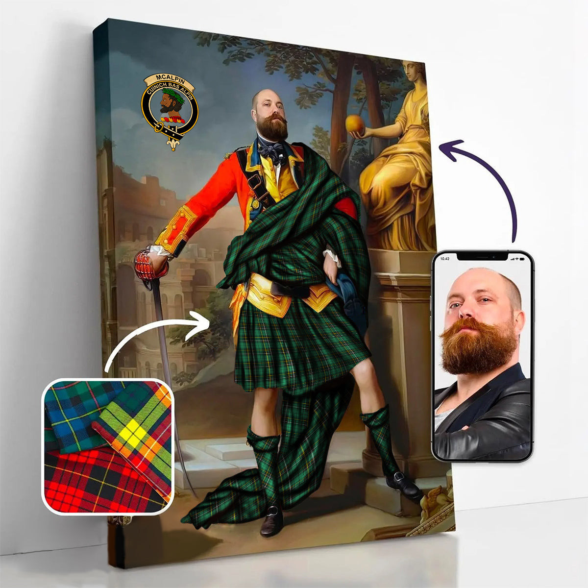 ScotsTee Shop Scottish McAlpin Ancient Crest Personalized Tartan Turn Me Scottish Royal Portrait Framed Canvas Print