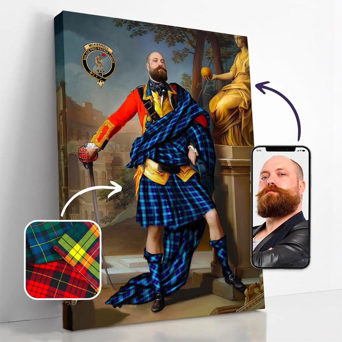 ScotsTee Shop Scottish McKerrell Crest Personalized Tartan Turn Me Scottish Royal Portrait Framed Canvas Print