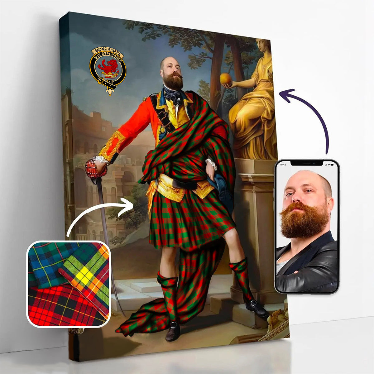 ScotsTee Shop Scottish Moncreiffe Modern Crest Personalized Tartan Turn Me Scottish Royal Portrait Framed Canvas Print