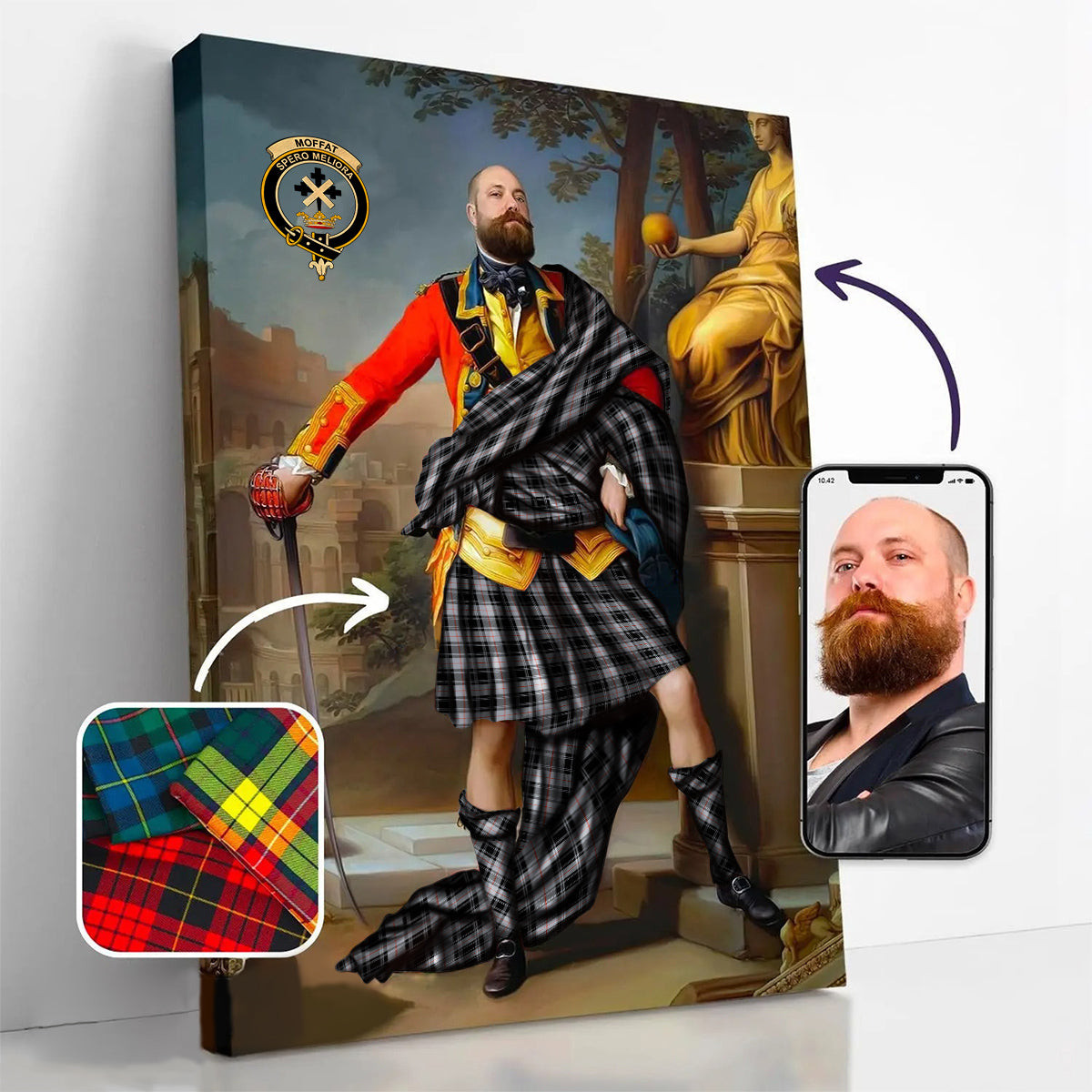 ScotsTee Shop Scottish Moffat Ancient Crest Personalized Tartan Turn Me Scottish Royal Portrait Framed Canvas Print