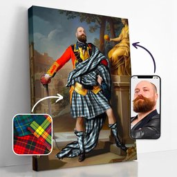 ScotsTee Shop Scottish Stewart Muted Blue Crest Personalized Tartan Turn Me Scottish Royal Portrait Framed Canvas Print