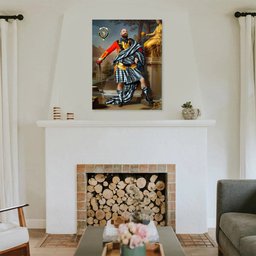 ScotsTee Shop Scottish Stewart Muted Blue Crest Personalized Tartan Turn Me Scottish Royal Portrait Framed Canvas Print