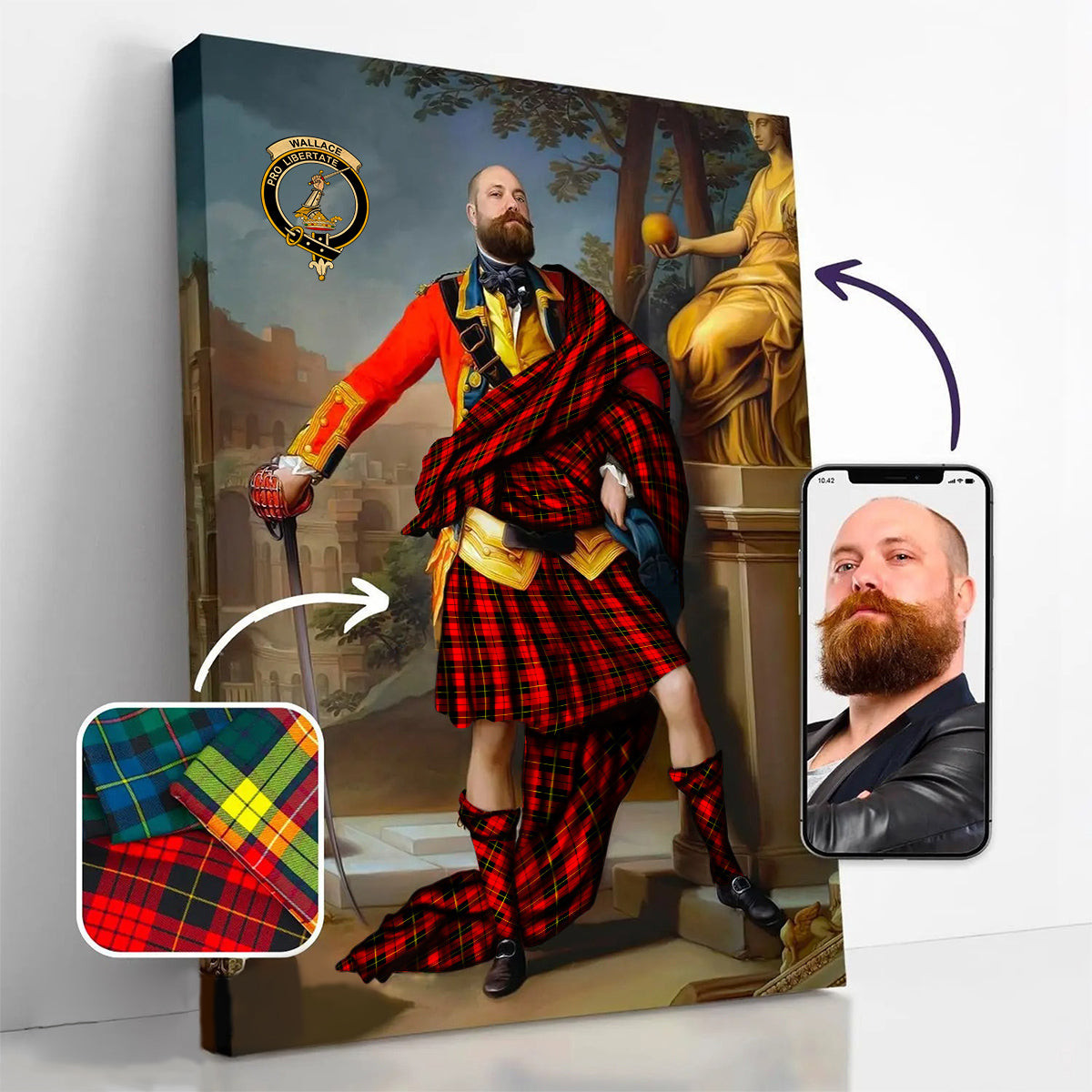 ScotsTee Shop Scottish Wallace Hunting - Red Crest Personalized Tartan Turn Me Scottish Royal Portrait Framed Canvas Print