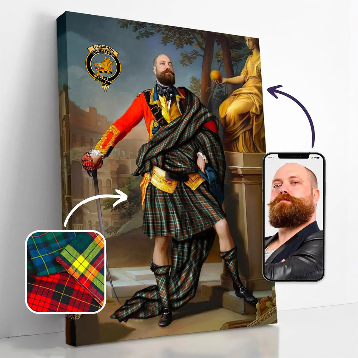 ScotsTee Shop Scottish Thompson Hunting Modern Crest Personalized Tartan Turn Me Scottish Royal Portrait Framed Canvas Print