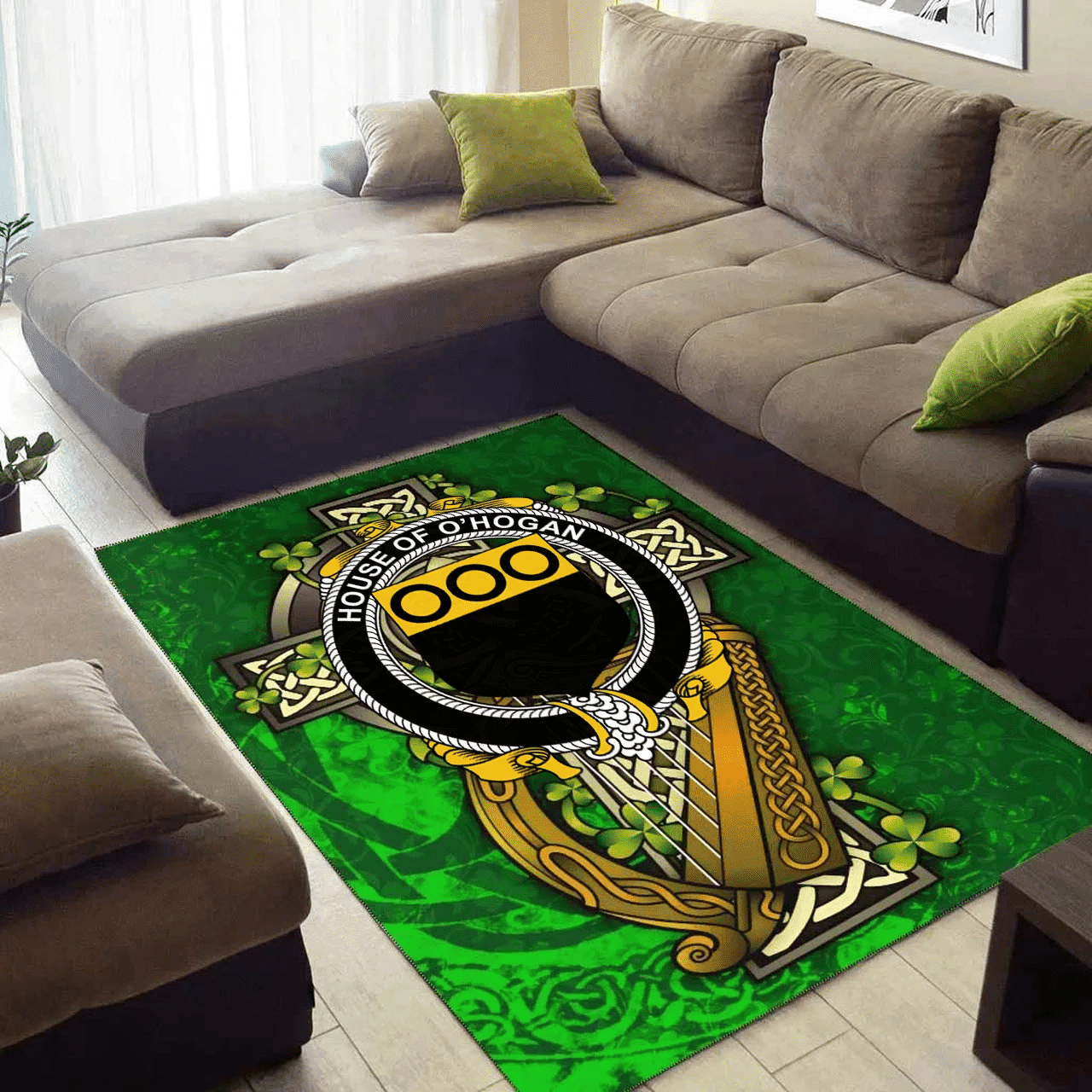 ScotsTee Shop Irish House of O'HOGAN Coat of Arms with Shamrock Irish Rug