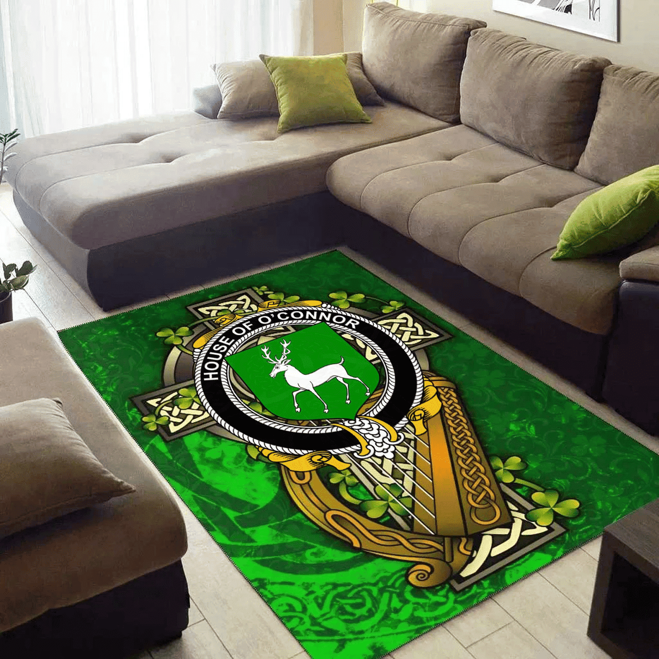 ScotsTee Shop Irish House of O'CONNOR (Corcomroe) Coat of Arms with Shamrock Irish Rug