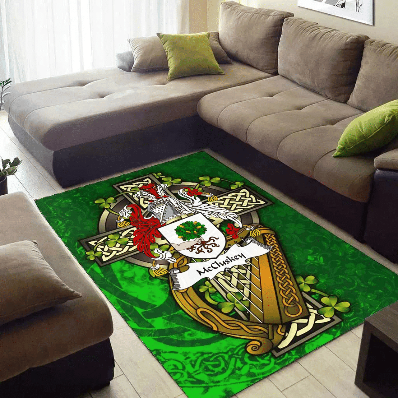 ScotsTee Shop Irish McCluskey Coat of Arms with Shamrock Irish Rug